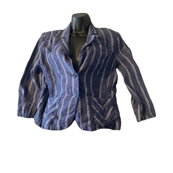 CAbi Blue & Ivory Striped Chambray‎ Linen Nautical Button Front Blazer Jacket 10 - Picture 1 of 5
